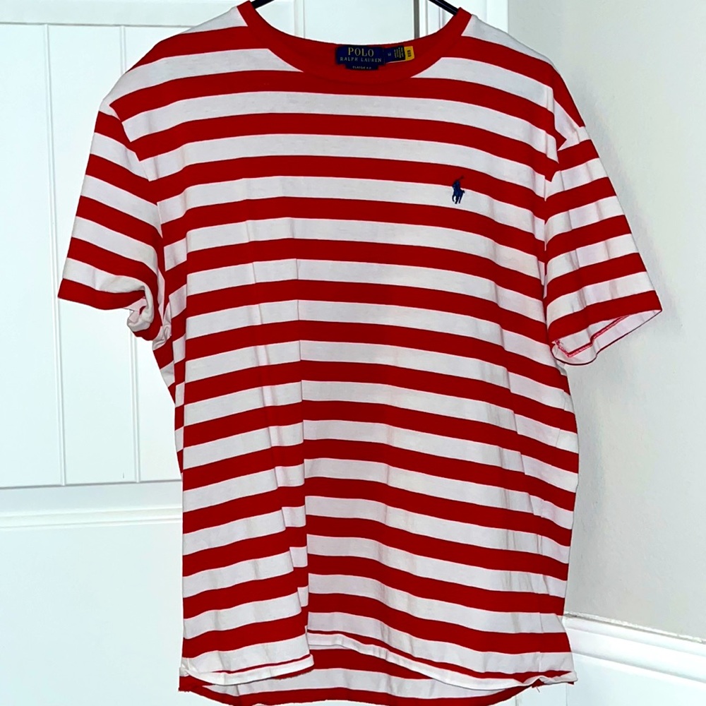 Medium Red and White Striped Polo T Shirt